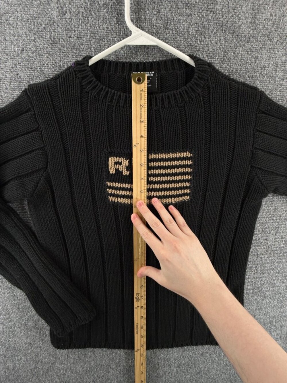 Ralph Lauren USA Flag Sweater Women Large Black Cotton Ribbed Knit Stretch Crew - Picture 3 of 13